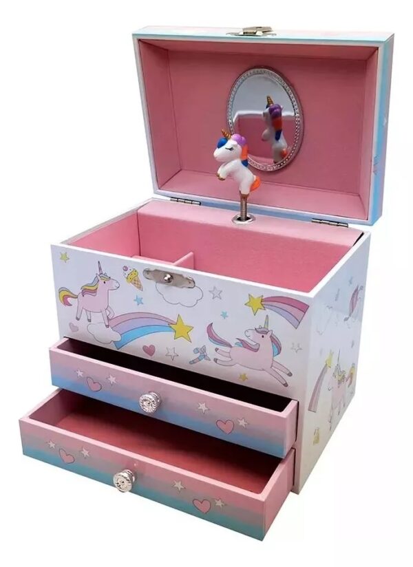 Caja Musical Con Cajones Unicornio Baul Alhajero A Cuerda