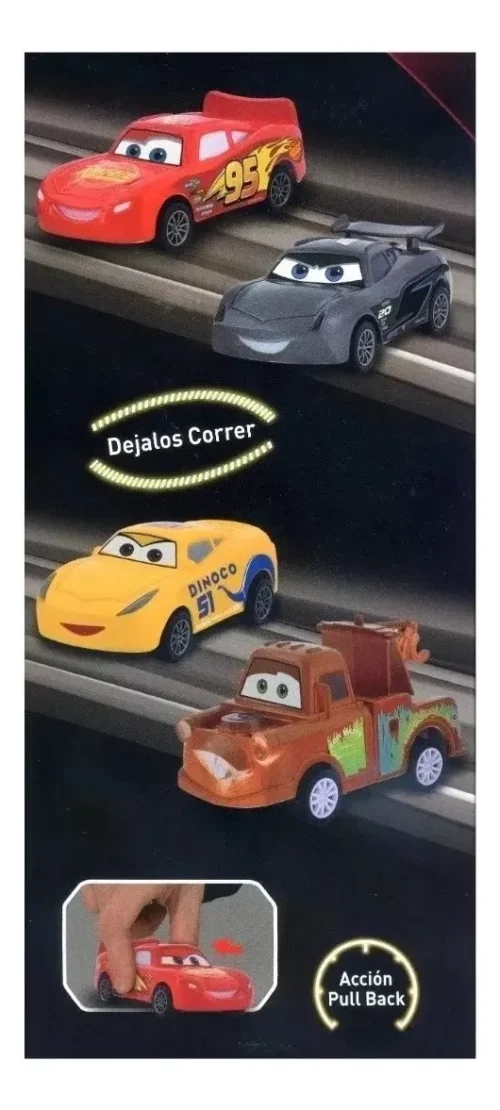 Caja Blister X 4 Autitos Pull Back Rayo Mcqueen Mate Dinoco Storm-Ditoys