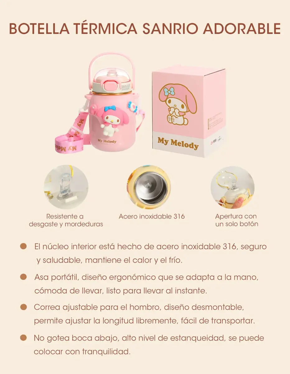 Botella Infantil 700Ml Sanrio Doble Capa Acero inoxidable y correa Varios Motivos - Imagen 2