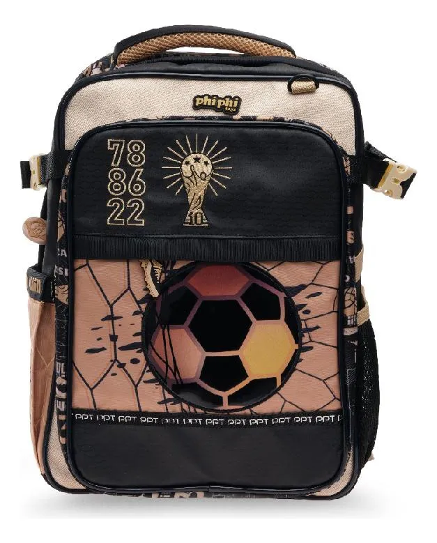 Mochila Escolar 16'' Fútbol Copa Del Mundo. Phi Phi Toys Color Negro C/dorado